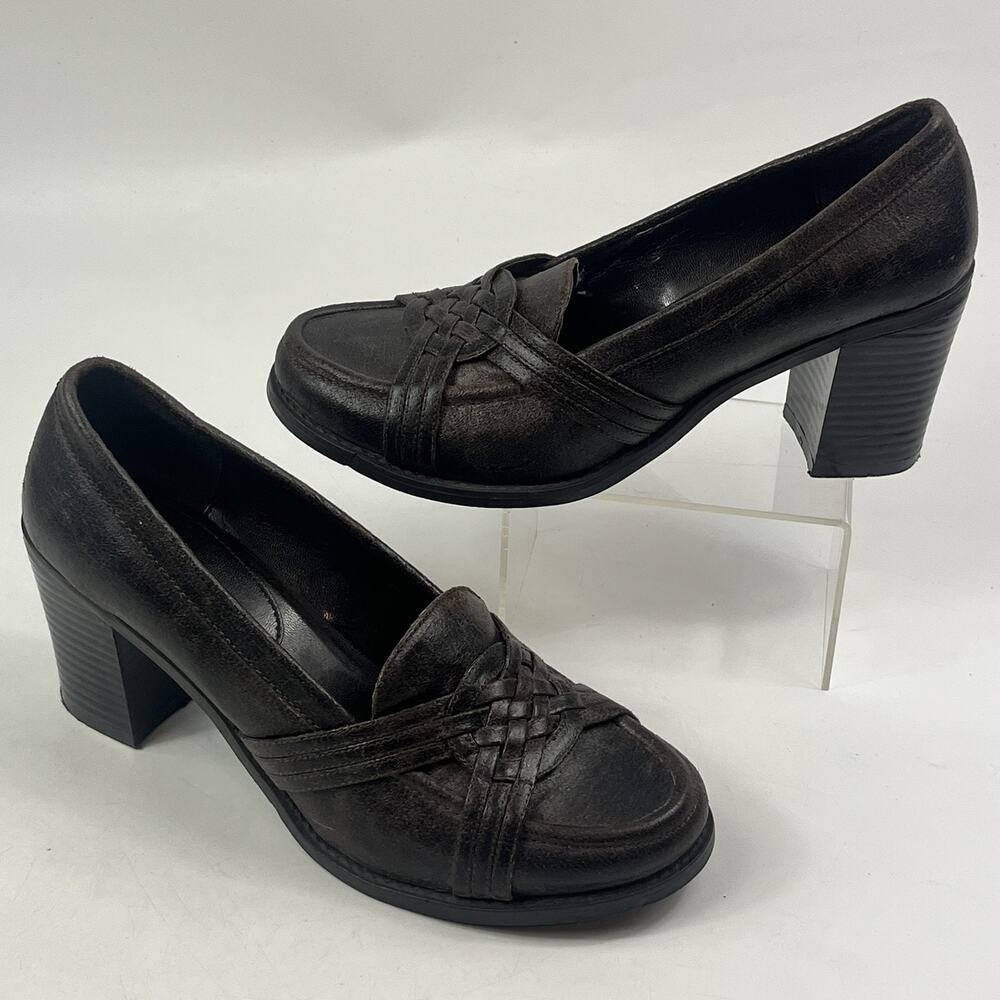 Naturalizer Womens Heeled Loafers Size 8.5 M Brown Faux Leather Block Heel Pumps